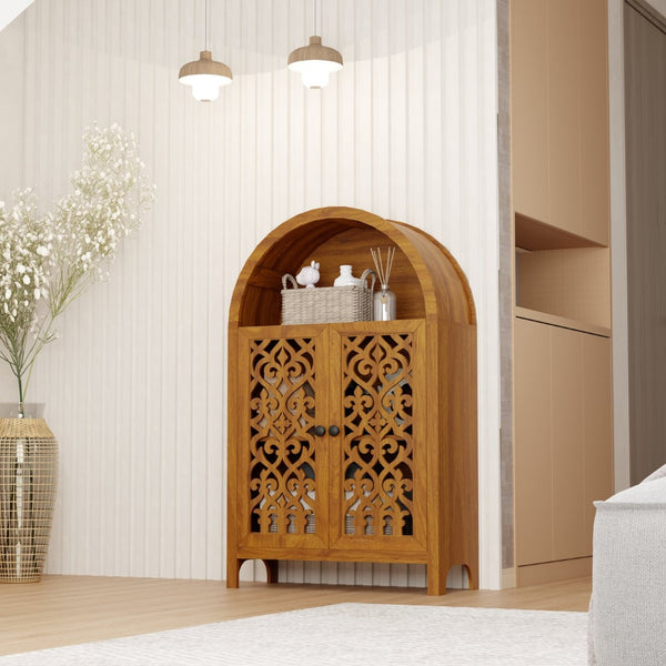 English Elm Hand-carved Solid Wood Tall Narrow Cabinet with Floral Arched Doors and Open Shelving W3123P485765