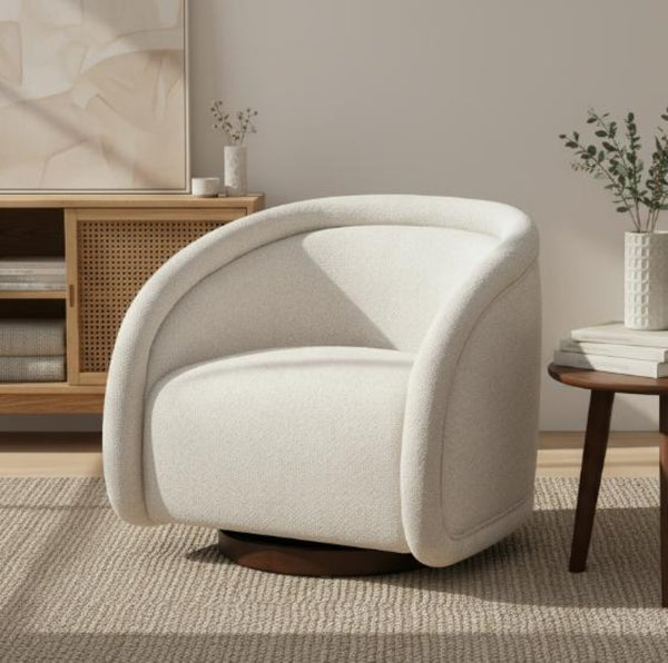 English Elm Sabbo Bouclé Swivel Accent Chair Walnut Wood Base Cozy Reading Nook Seating Beige,Walnut N767P388923B