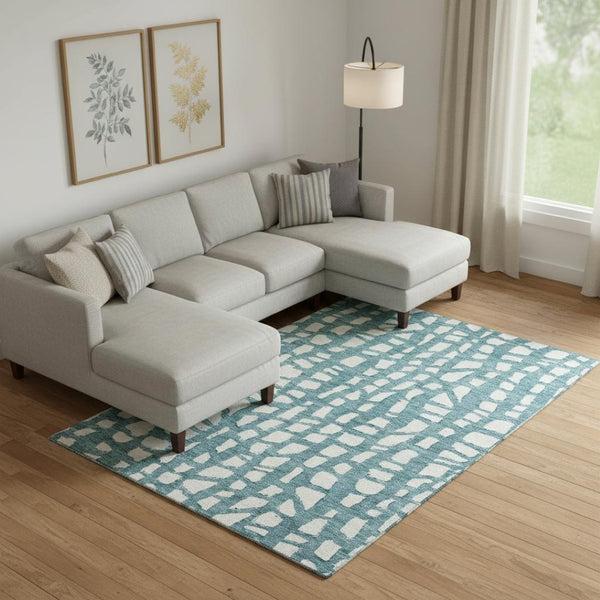 HomeRoots 9' X 12' Teal and Ivory Cobblestone Area Rug - Durable, Washable, UV-Protected for Indoor & Outdoor Use 663400
