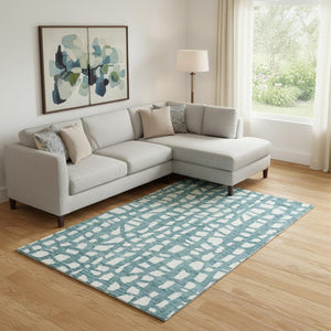 HomeRoots 9' X 12' Teal and Ivory Cobblestone Area Rug - Durable, Washable, UV-Protected for Indoor & Outdoor Use 663400