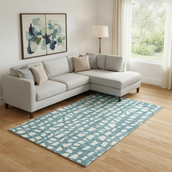 HomeRoots 9' X 12' Teal and Ivory Cobblestone Area Rug - Durable, Washable, UV-Protected for Indoor & Outdoor Use 663400
