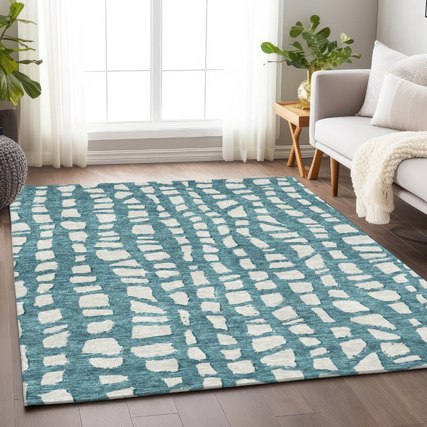 HomeRoots 9' X 12' Teal and Ivory Cobblestone Area Rug - Durable, Washable, UV-Protected for Indoor & Outdoor Use 663400