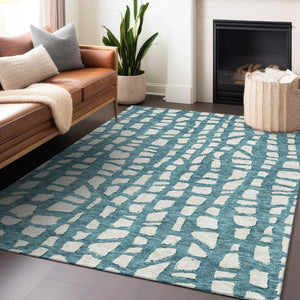 HomeRoots 9' X 12' Teal and Ivory Cobblestone Area Rug - Durable, Washable, UV-Protected for Indoor & Outdoor Use 663400