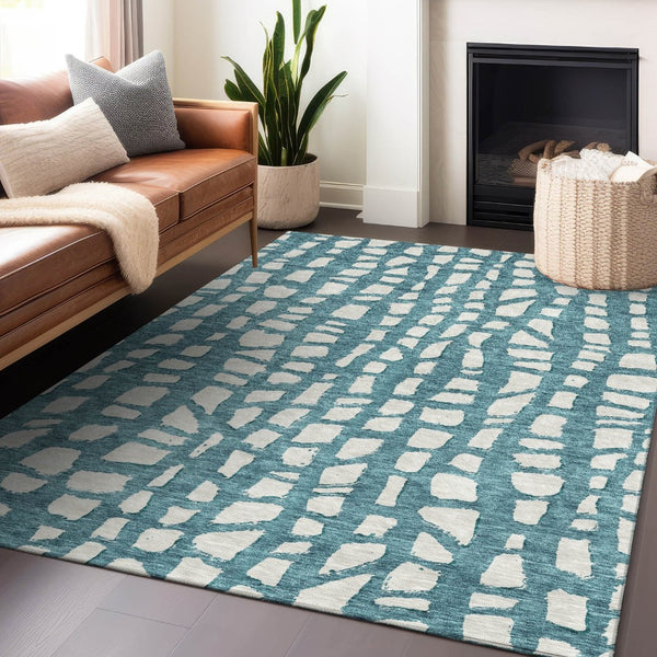 HomeRoots 9' X 12' Teal and Ivory Cobblestone Area Rug - Durable, Washable, UV-Protected for Indoor & Outdoor Use 663400