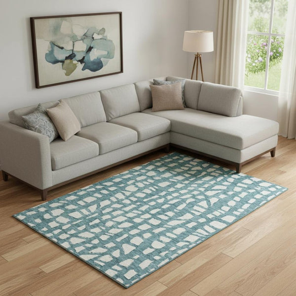 HomeRoots 10' X 14' Teal & Ivory Cobblestone Area Rug - Washable, UV-Protected, Stain-Resistant & Durable Design 663401