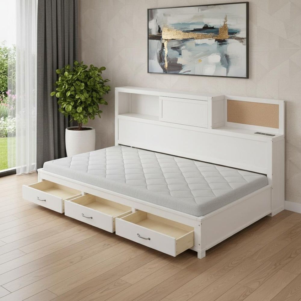 HomeRoots White Wood Twin Day Bed with Storage Drawers - Elegant, Versatile Design for Any Room, 450 lb Capacity 663403