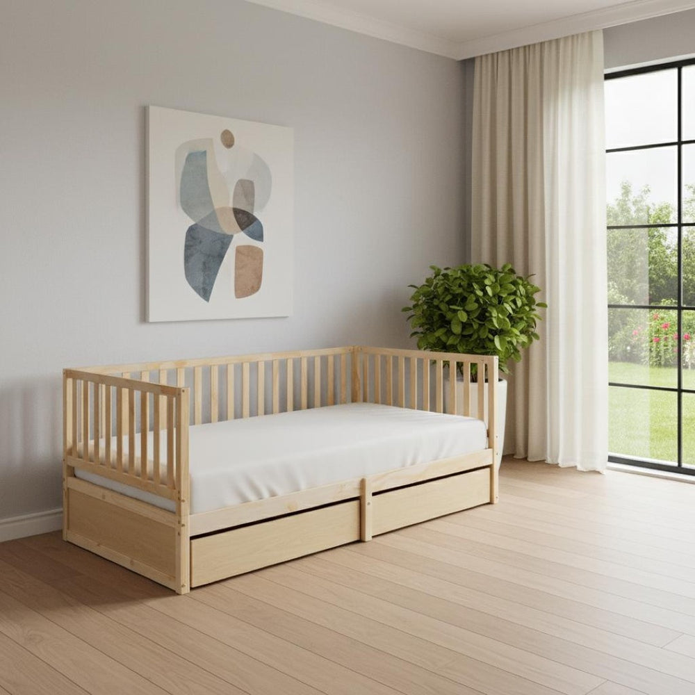 HomeRoots Natural Wood Twin Day Bed with Storage Drawers - Stylish Versatile Seating & Sleeping Solution 663406