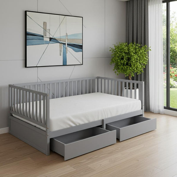 HomeRoots Gray Wood Full Day Bed with Convenient Drawers – Stylish Multi-Use Sofa & Guest Bed for Small Spaces 663407