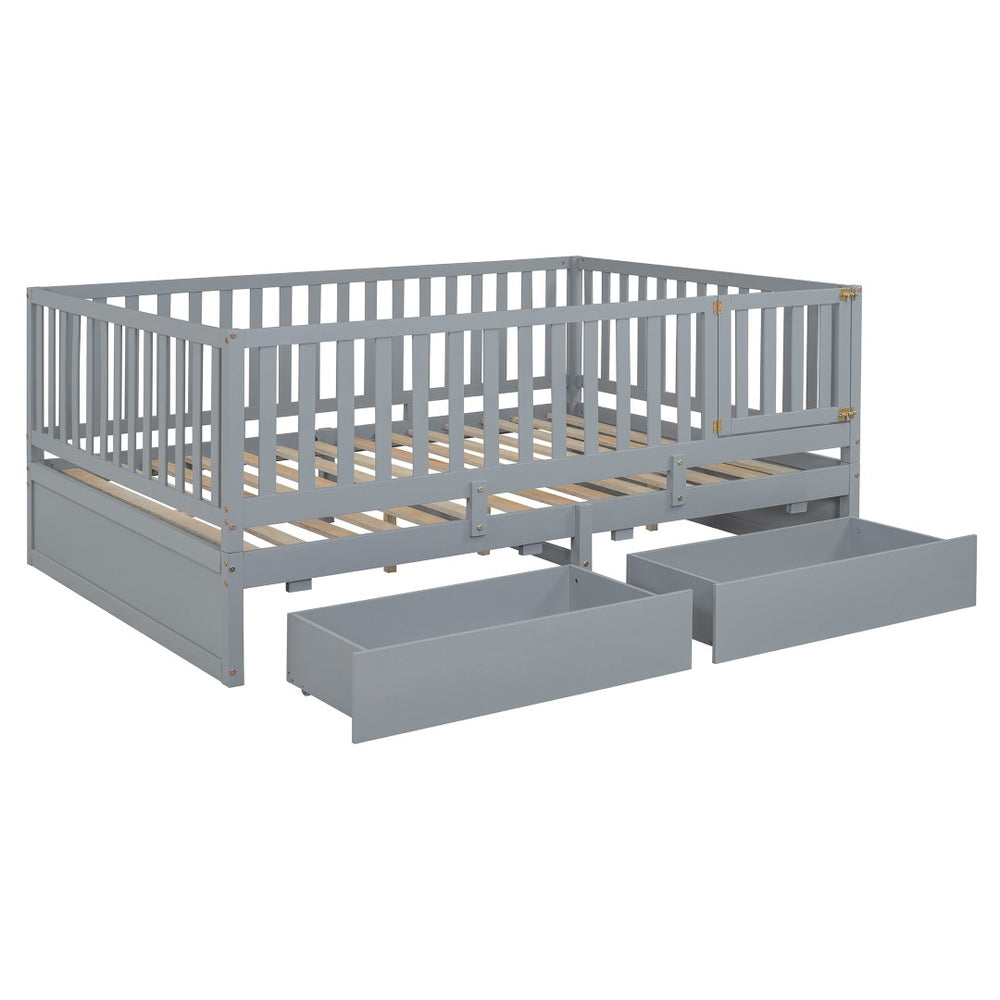 HomeRoots Gray Wood Full Day Bed with Convenient Drawers – Stylish Multi-Use Sofa & Guest Bed for Small Spaces 663407