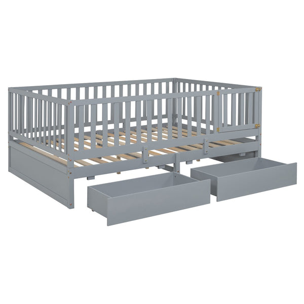 HomeRoots Gray Wood Full Day Bed with Convenient Drawers – Stylish Multi-Use Sofa & Guest Bed for Small Spaces 663407