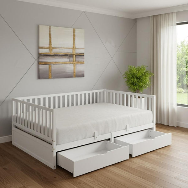HomeRoots White Wood Full Day Bed with Storage Drawers – Elegant Design for Versatile Sleeping & Seating Needs 663408