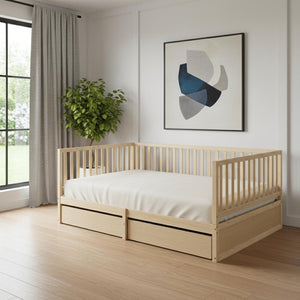 HomeRoots Natural Wood Full Day Bed with Storage Drawers - Versatile Sofa & Guest Bed for Any Room Decor 663409