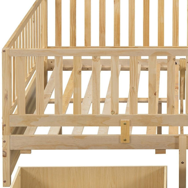 HomeRoots Natural Wood Full Day Bed with Storage Drawers - Versatile Sofa & Guest Bed for Any Room Decor 663409