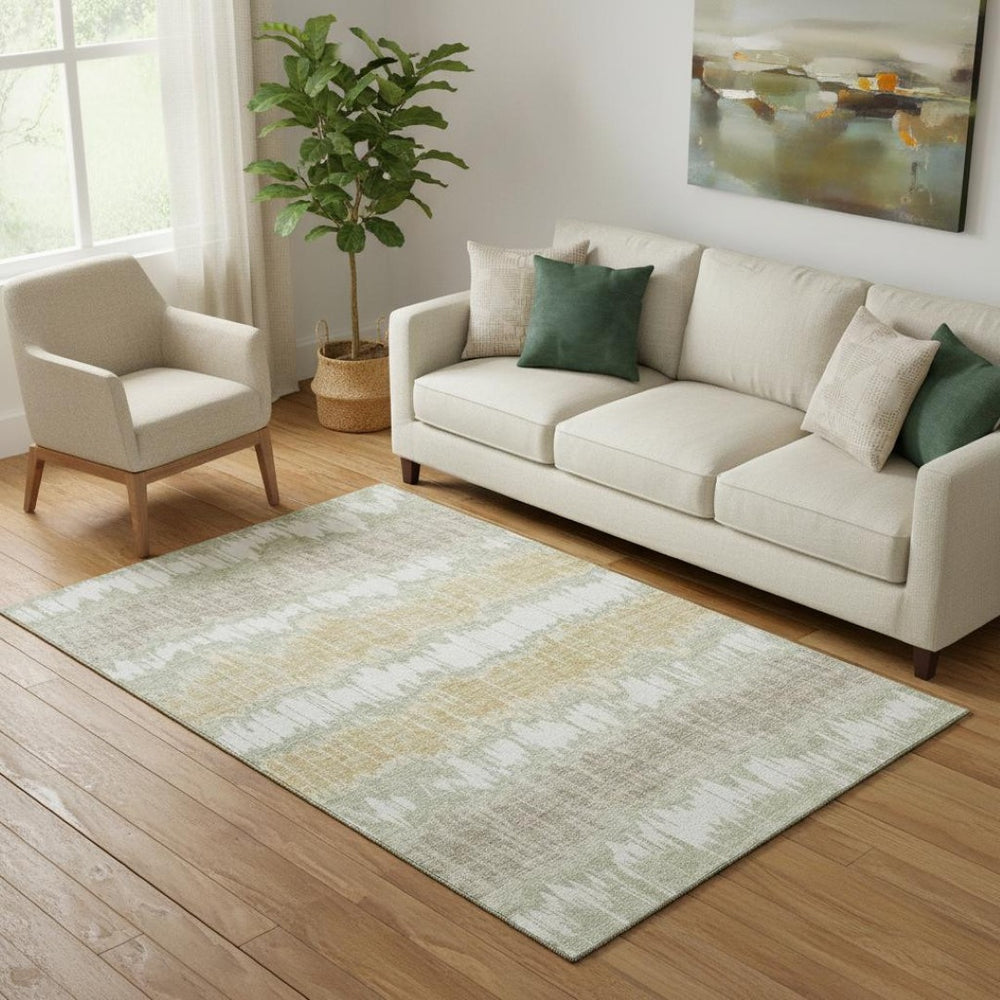 HomeRoots 5' X 8' Artichoke Green Gold Ivory Striped Washable Area Rug - Durable, UV Protected for All Spaces 663411