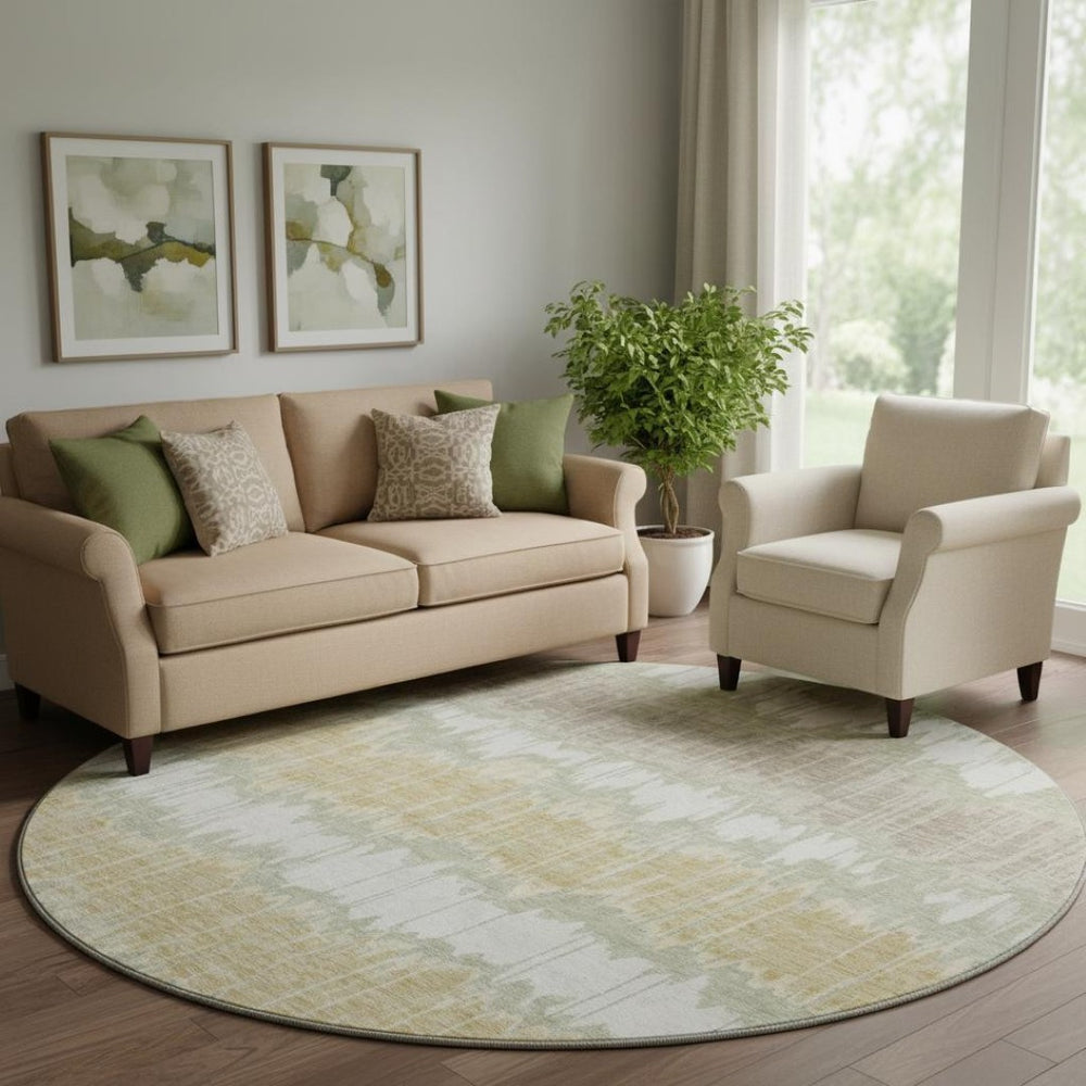 HomeRoots 8' Striped Artichoke Green, Gold & Ivory Washable Round Rug - UV Protected, Stain Resistant & Durable! 663412