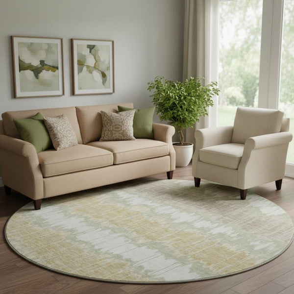 HomeRoots 8' Striped Artichoke Green, Gold & Ivory Washable Round Rug - UV Protected, Stain Resistant & Durable! 663412