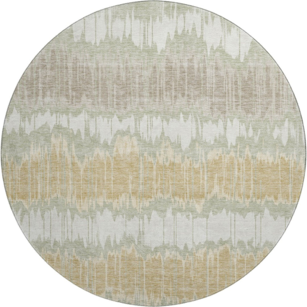 HomeRoots 8' Striped Artichoke Green, Gold & Ivory Washable Round Rug - UV Protected, Stain Resistant & Durable! 663412