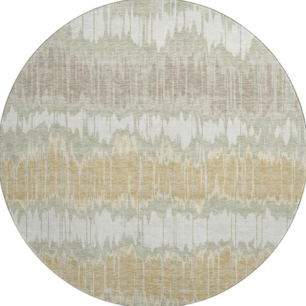 HomeRoots 8' Striped Artichoke Green, Gold & Ivory Washable Round Rug - UV Protected, Stain Resistant & Durable! 663412