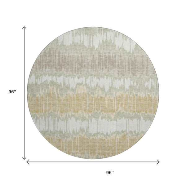 HomeRoots 8' Striped Artichoke Green, Gold & Ivory Washable Round Rug - UV Protected, Stain Resistant & Durable! 663412