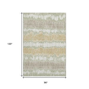 HomeRoots 8' X 10' Artichoke Green Gold Ivory Striped Area Rug – Washable, Stain Resistant, UV Protected Design 663413