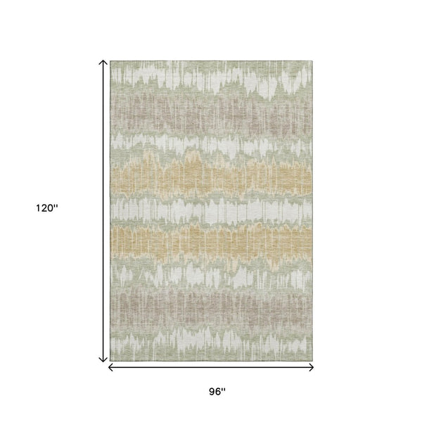 HomeRoots 8' X 10' Artichoke Green Gold Ivory Striped Area Rug – Washable, Stain Resistant, UV Protected Design 663413