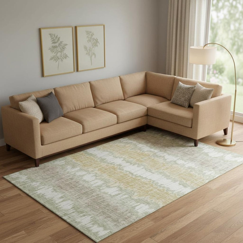 HomeRoots 8' X 10' Artichoke Green Gold Ivory Striped Area Rug – Washable, Stain Resistant, UV Protected Design 663413