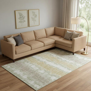 HomeRoots 8' X 10' Artichoke Green Gold Ivory Striped Area Rug – Washable, Stain Resistant, UV Protected Design 663413