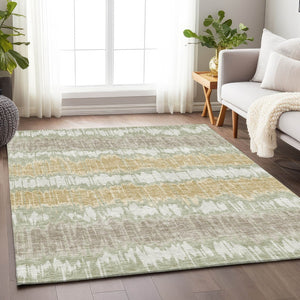 HomeRoots 8' X 10' Artichoke Green Gold Ivory Striped Area Rug – Washable, Stain Resistant, UV Protected Design 663413