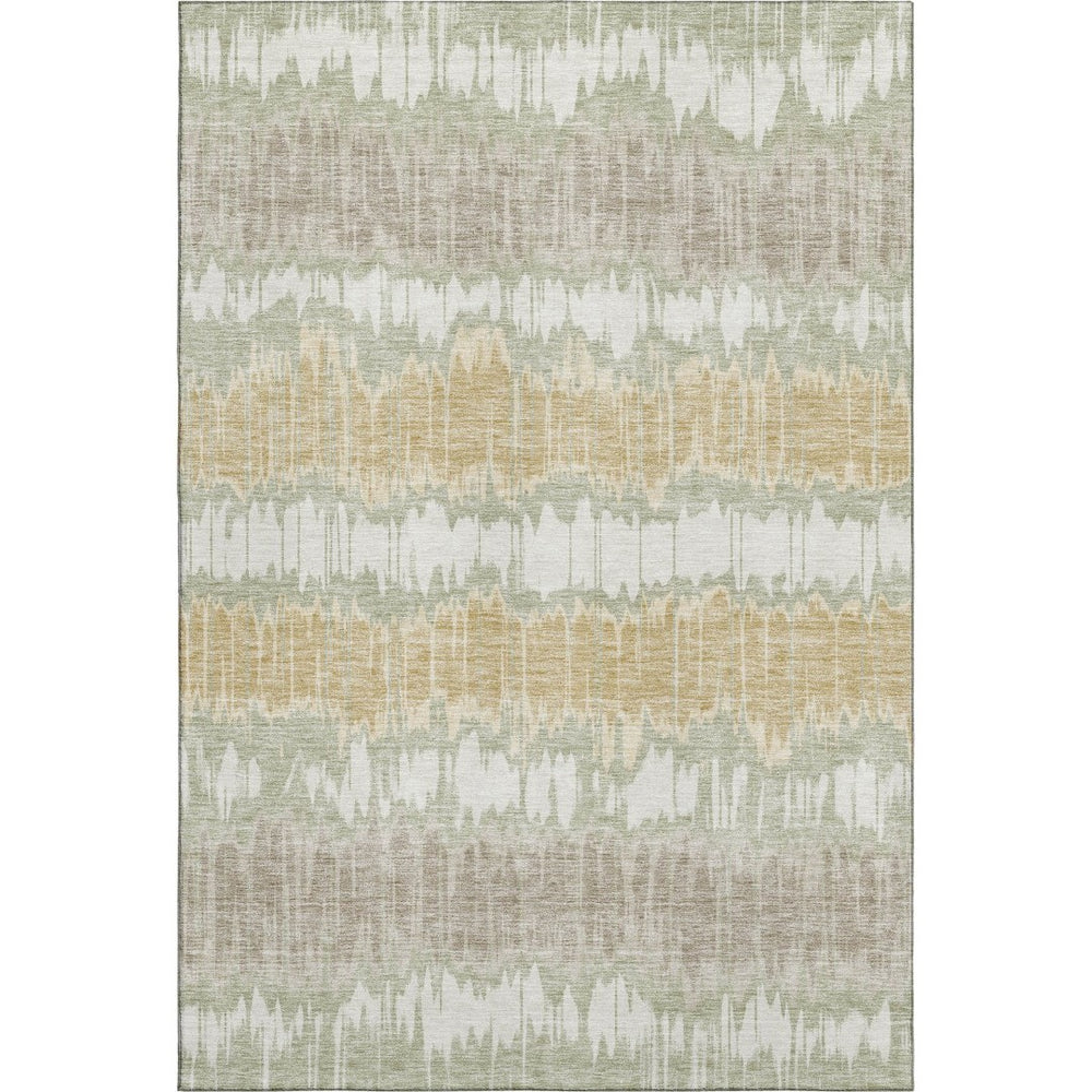 HomeRoots 8' X 10' Artichoke Green Gold Ivory Striped Area Rug – Washable, Stain Resistant, UV Protected Design 663413