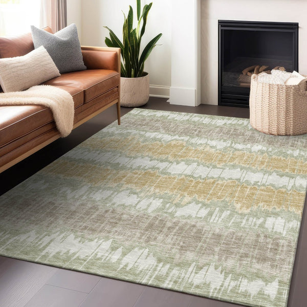 HomeRoots 8' X 10' Artichoke Green Gold Ivory Striped Area Rug – Washable, Stain Resistant, UV Protected Design 663413