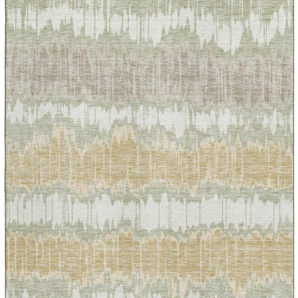 HomeRoots 8' X 10' Artichoke Green Gold Ivory Striped Area Rug – Washable, Stain Resistant, UV Protected Design 663413