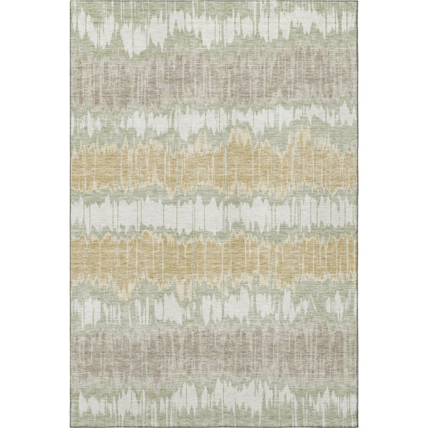 HomeRoots 8' X 10' Artichoke Green Gold Ivory Striped Area Rug – Washable, Stain Resistant, UV Protected Design 663413