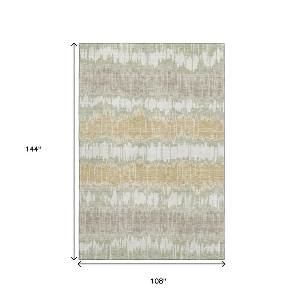 HomeRoots 9' X 12' Artichoke Green & Gold Striped Washable Area Rug with UV Protection for High-Traffic Spaces 663414