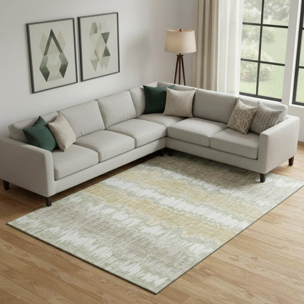 HomeRoots 9' X 12' Artichoke Green & Gold Striped Washable Area Rug with UV Protection for High-Traffic Spaces 663414