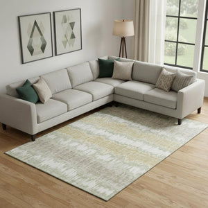 HomeRoots 9' X 12' Artichoke Green & Gold Striped Washable Area Rug with UV Protection for High-Traffic Spaces 663414