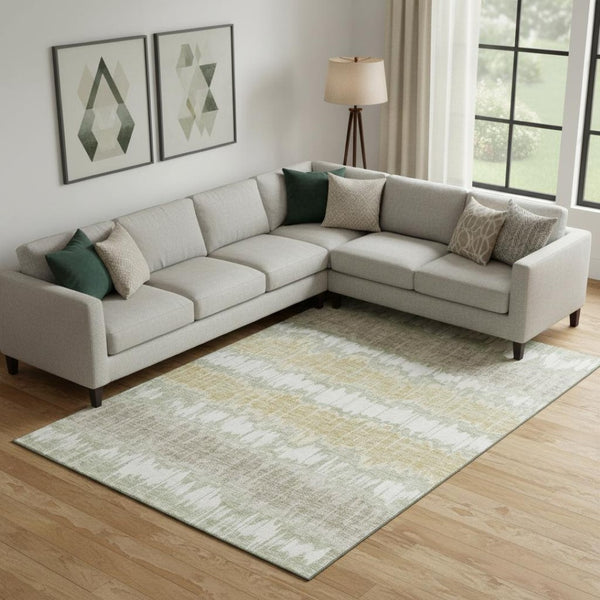 HomeRoots 9' X 12' Artichoke Green & Gold Striped Washable Area Rug with UV Protection for High-Traffic Spaces 663414