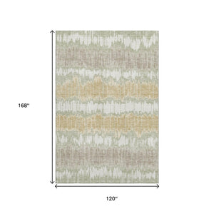 HomeRoots 10' X 14' Artichoke Green Gold Ivory Striped Area Rug – Durable, Washable, UV Protected for Homes 663415