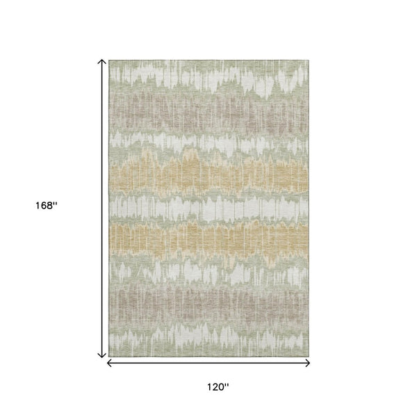 HomeRoots 10' X 14' Artichoke Green Gold Ivory Striped Area Rug – Durable, Washable, UV Protected for Homes 663415