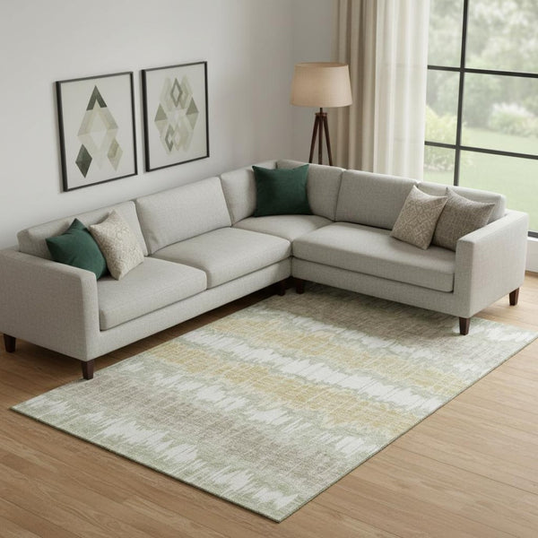 HomeRoots 10' X 14' Artichoke Green Gold Ivory Striped Area Rug – Durable, Washable, UV Protected for Homes 663415