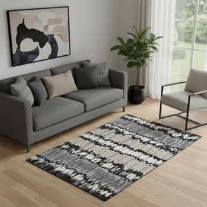 HomeRoots 5' X 8' Stylish Black, Silver, and Brown Striped Washable Area Rug with UV Protection for Homes 663417