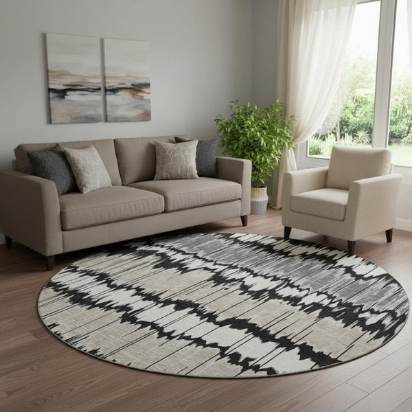 HomeRoots 8' Washable Round Rug with Black, Silver & Brown Stripes - UV Protected, Stain Resistant & Durable! 663418