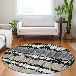 HomeRoots 8' Washable Round Rug with Black, Silver & Brown Stripes - UV Protected, Stain Resistant & Durable! 663418