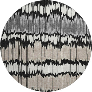HomeRoots 8' Washable Round Rug with Black, Silver & Brown Stripes - UV Protected, Stain Resistant & Durable! 663418