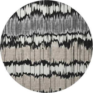 HomeRoots 8' Washable Round Rug with Black, Silver & Brown Stripes - UV Protected, Stain Resistant & Durable! 663418