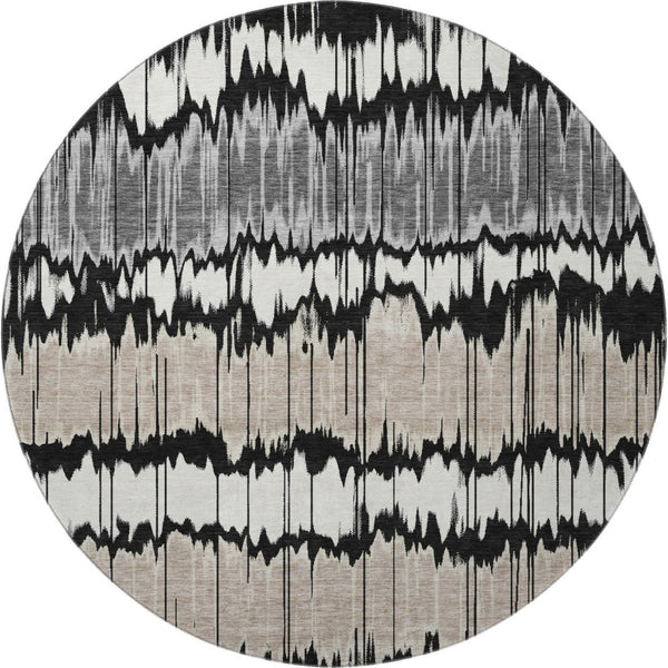 HomeRoots 8' Washable Round Rug with Black, Silver & Brown Stripes - UV Protected, Stain Resistant & Durable! 663418