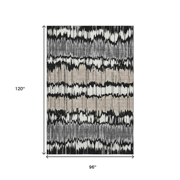 HomeRoots 8' X 10' Striped Area Rug in Black, Silver, and Brown - Washable, UV-Protected, Durable Design! 663419