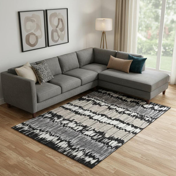 HomeRoots 8' X 10' Striped Area Rug in Black, Silver, and Brown - Washable, UV-Protected, Durable Design! 663419