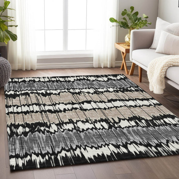 HomeRoots 8' X 10' Striped Area Rug in Black, Silver, and Brown - Washable, UV-Protected, Durable Design! 663419