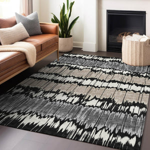 HomeRoots 8' X 10' Striped Area Rug in Black, Silver, and Brown - Washable, UV-Protected, Durable Design! 663419