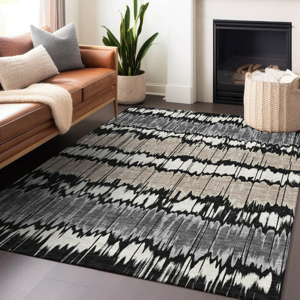 HomeRoots 8' X 10' Striped Area Rug in Black, Silver, and Brown - Washable, UV-Protected, Durable Design! 663419
